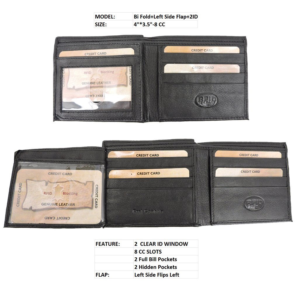 Men's RFID Leather Wallet Cowhide, ID, CC, Bill Pockets left flip