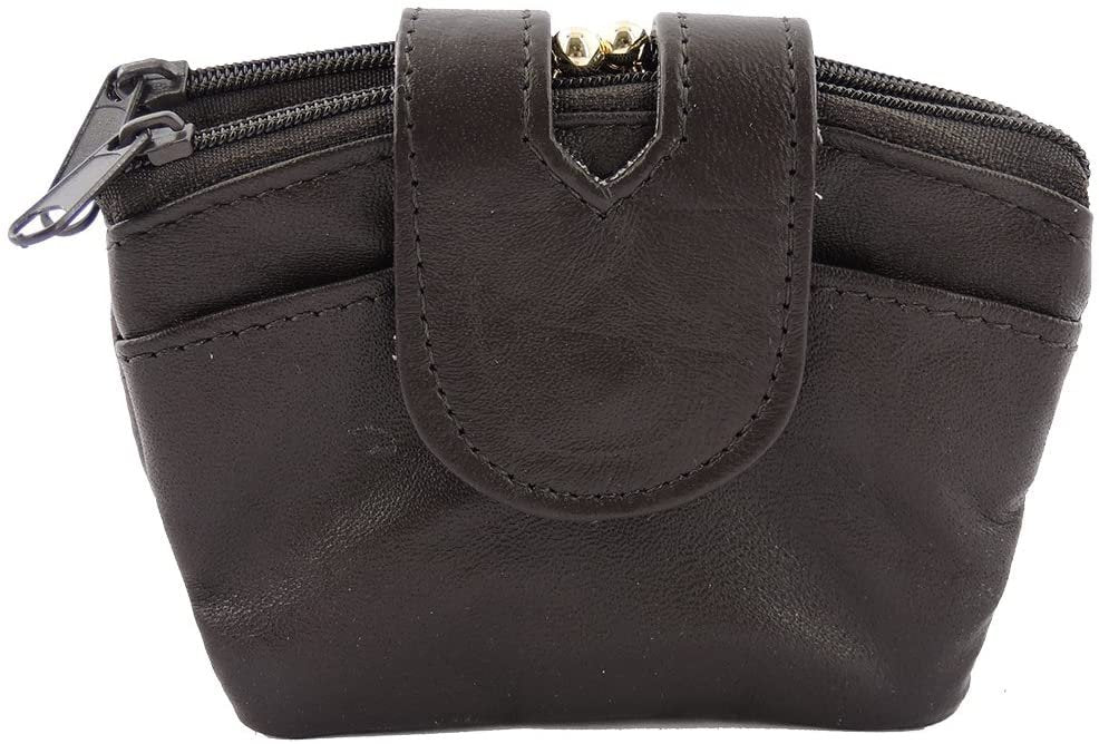 SILVERFEVER Leather Coin Purse with Kisslock Closure - Handcrafted Genuine Lambskin (3 Entry, Black)