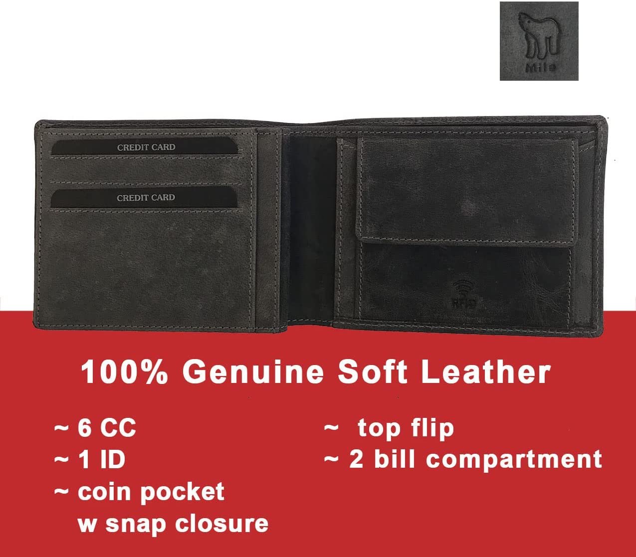 Leather Wallet for Men's-Genuine Washed Calf RFID Blocking Bifold Men Wallet With Coin Pocket (Vertical Flip Stitched Collar, Black)
