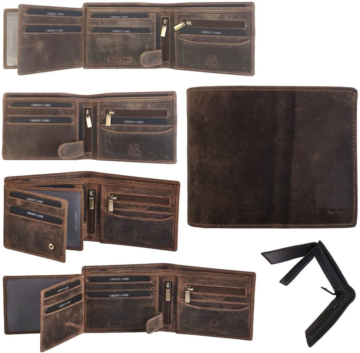 Leather Wallet for Men's-Genuine Washed Calf RFID Blocking Bifold Men Wallet With Coin Pocket (Vertical Flip Stitched Collar, Black)