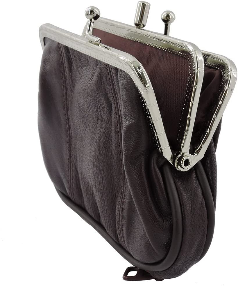 SILVERFEVER Leather Coin Purse with Kisslock Closure - Handcrafted Genuine Lambskin (3 Entry, Black)