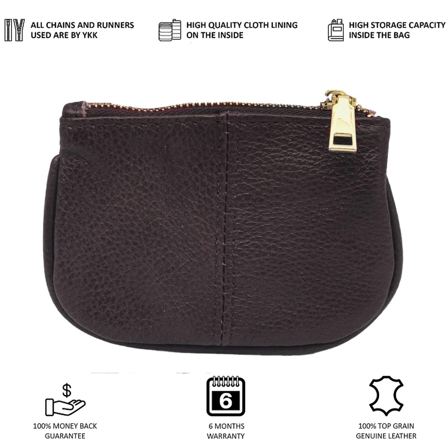 Cowhide Leather Coin Purse Pouch w Zipper and Key Fob