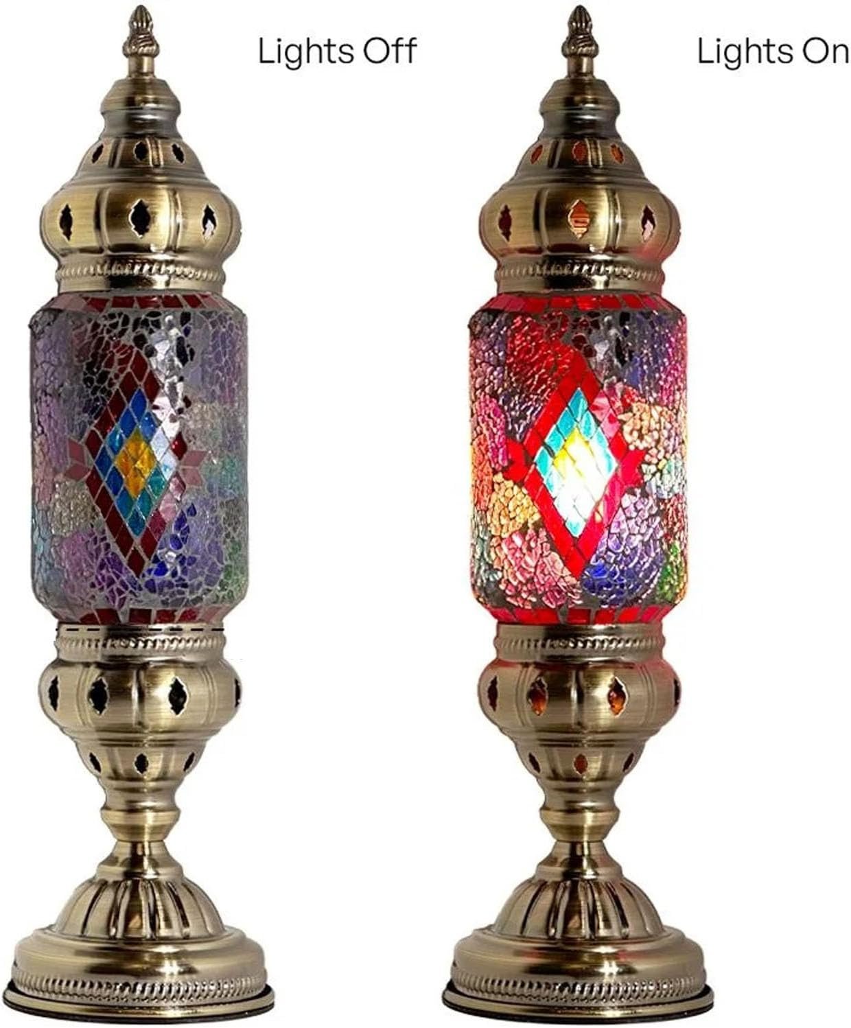 Turkish Cylinder Table Lamp Mosaic Glass Accent Boho Lamps Moroccan Lantern (Blue Star)