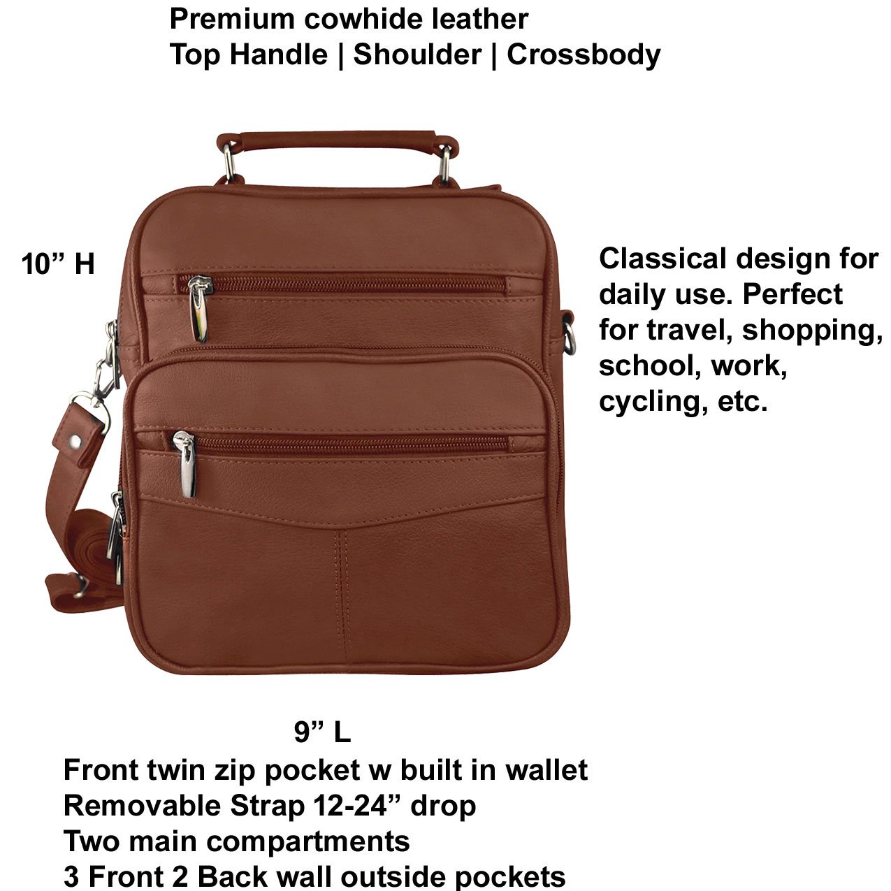 Cowhide Leather Men's Messenger Crossbody w Top Handle & Removable CB Strap