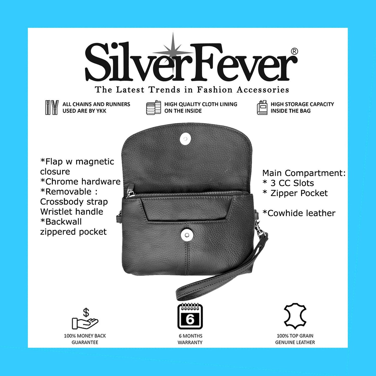 Leather Handbag Purse Womens Small Clutch Wristlet Crossbody Multi Compartment Organiser Fits Phone SilverFever