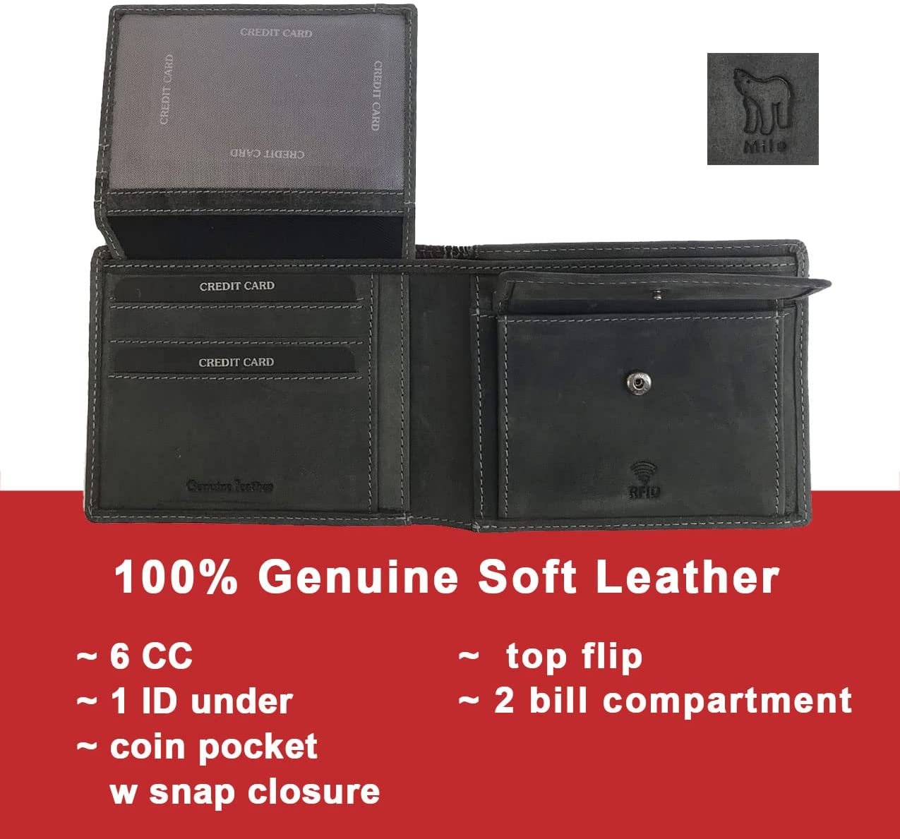 Leather Wallet for Men's-Genuine Washed Calf RFID Blocking Bifold Men Wallet With Coin Pocket (Vertical Flip Stitched Collar, Black)