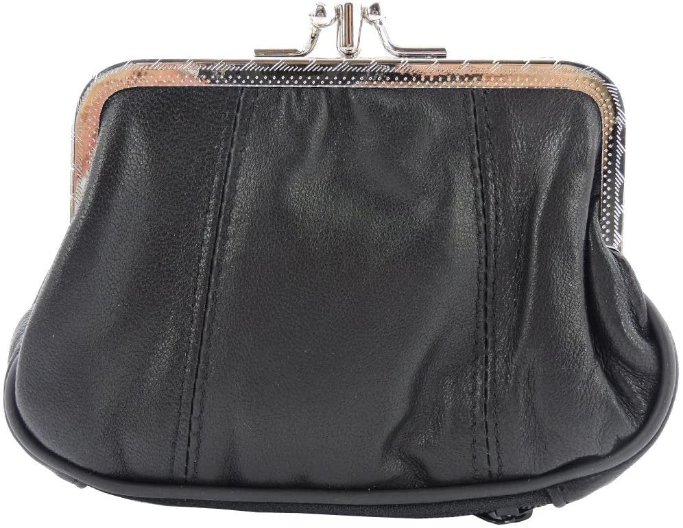SILVERFEVER Leather Coin Purse with Kisslock Closure - Handcrafted Genuine Lambskin (3 Entry, Black)