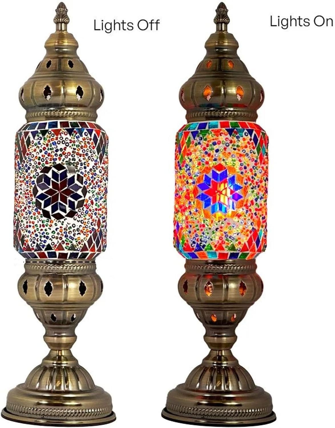 Turkish Cylinder Table Lamp Mosaic Glass Accent Boho Lamps Moroccan Lantern (Blue Star)