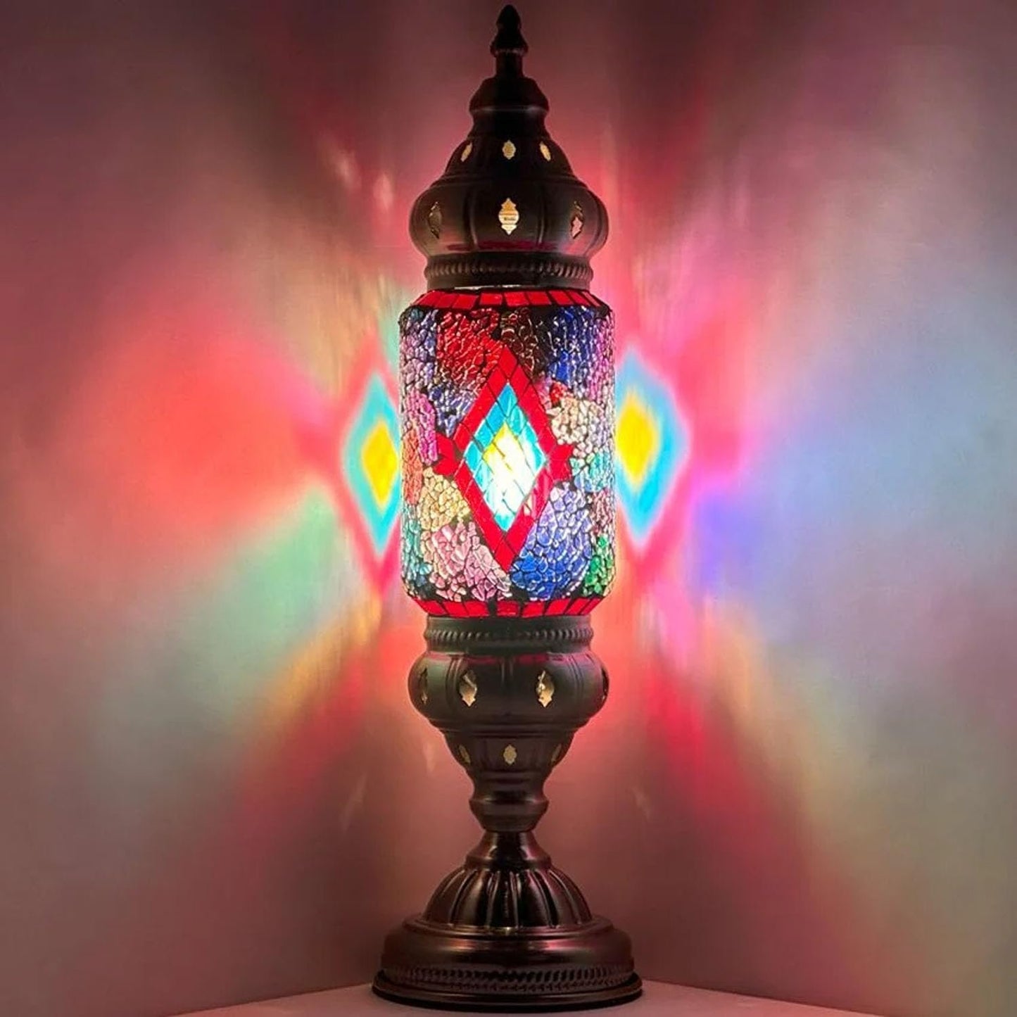Turkish Cylinder Table Lamp Mosaic Glass Accent Boho Lamps Moroccan Lantern (Blue Star)