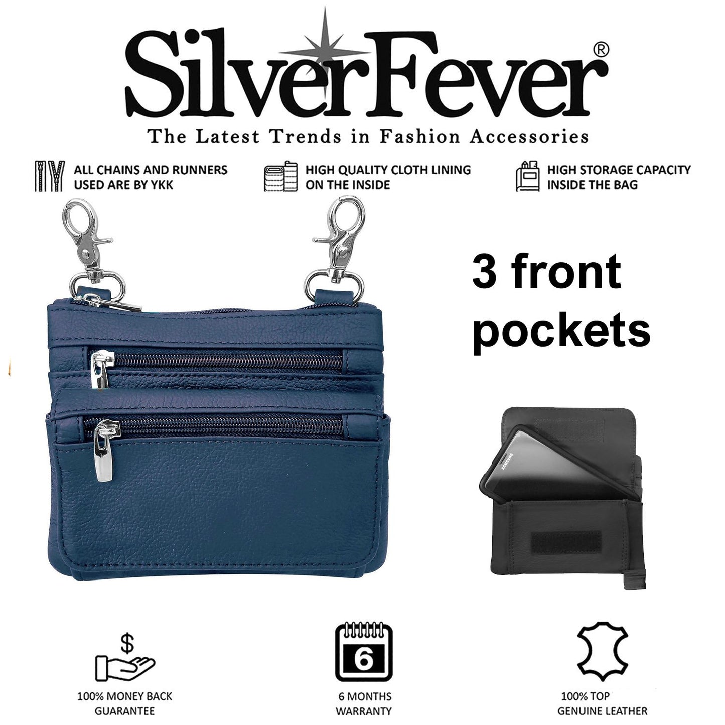 SILVERFEVER Leather Bike Rider Accordion Bag Cross Body Belt Phone Pack Pouch