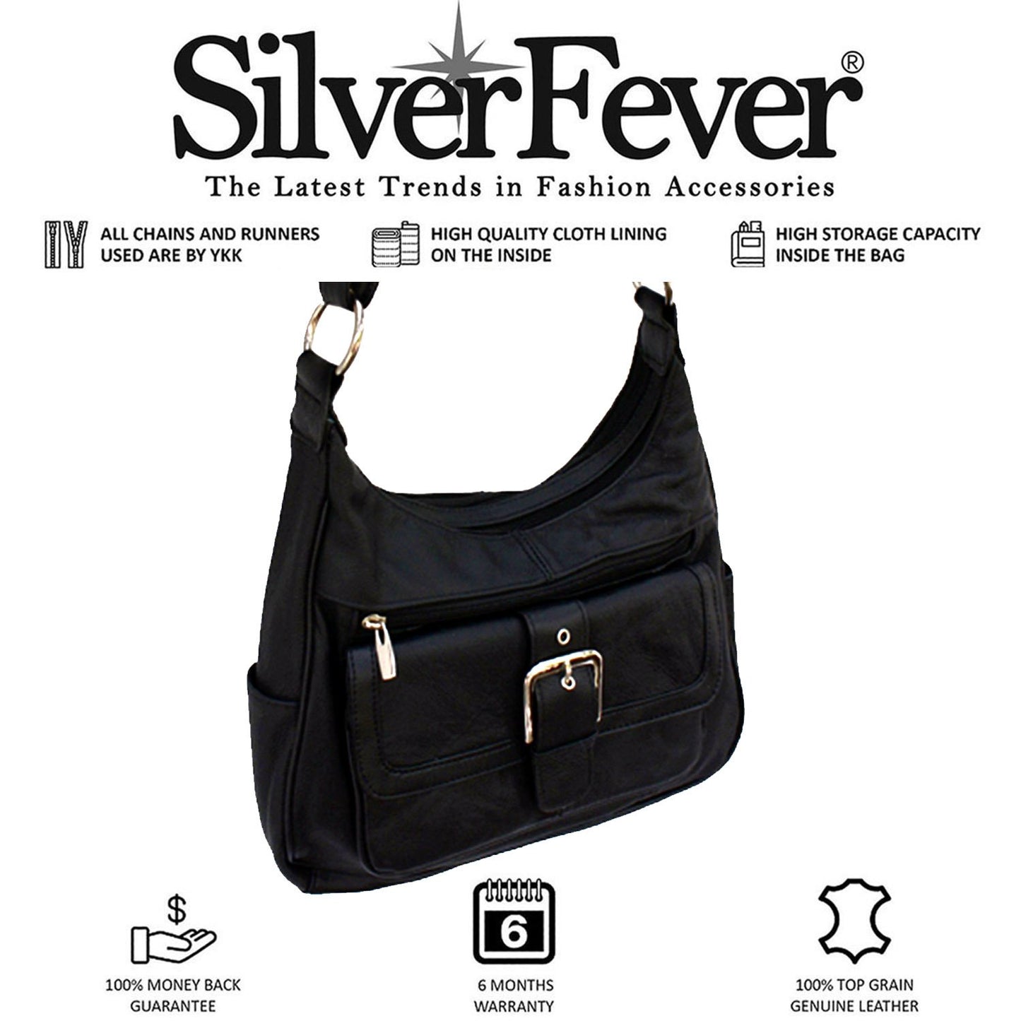 Women's Hobo Leather Handbag with 2 Entry, Buckled Front Pocket Silver Fever