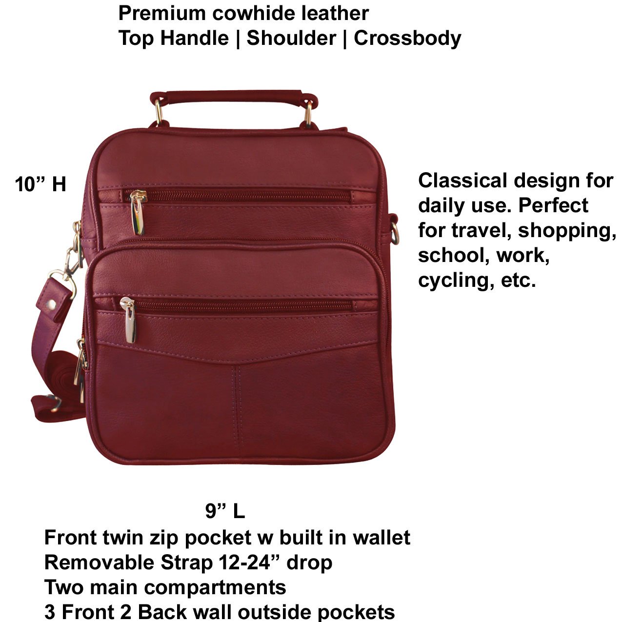 Cowhide Leather Men's Messenger Crossbody w Top Handle & Removable CB Strap