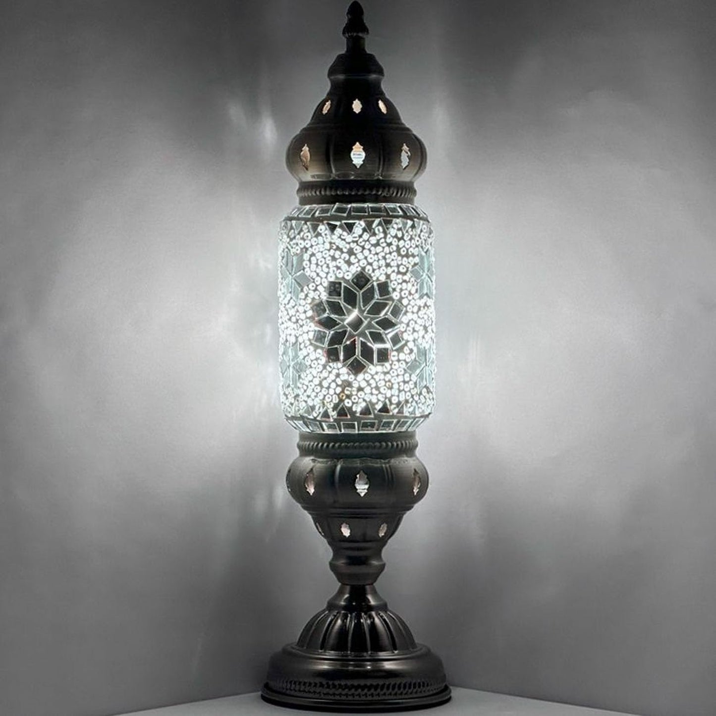 Turkish Cylinder Table Lamp Mosaic Glass Accent Boho Lamps Moroccan Lantern (Blue Star)