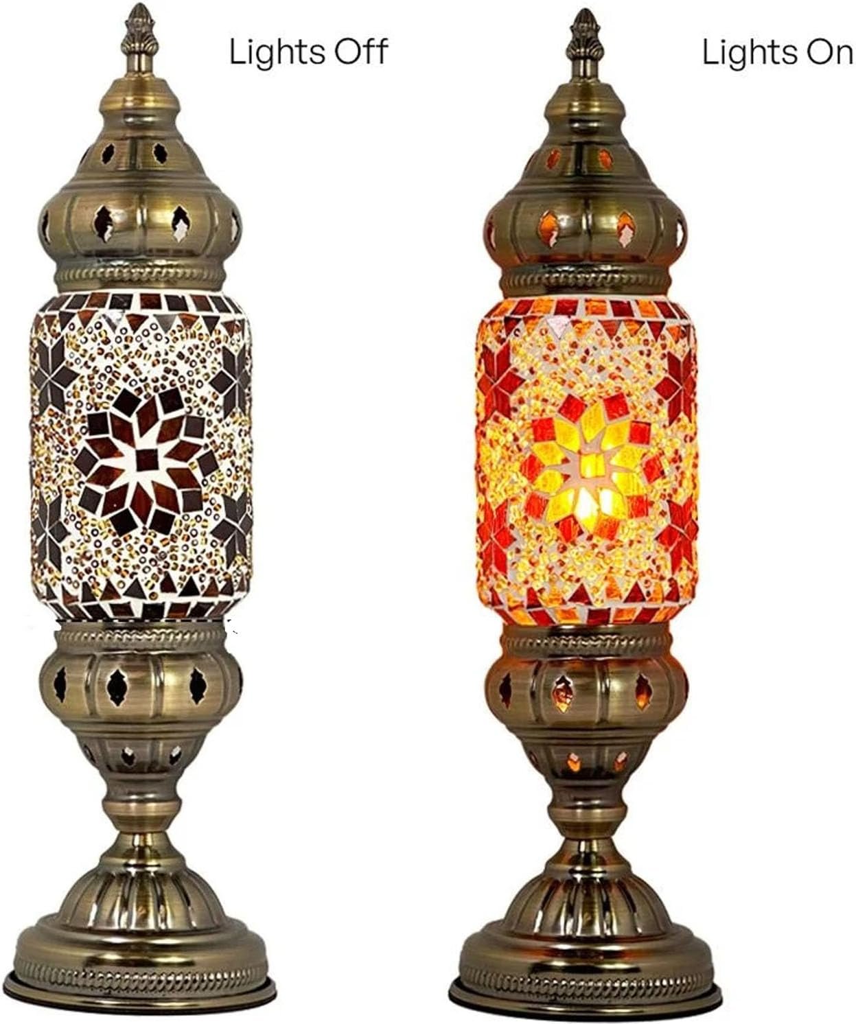 Turkish Cylinder Table Lamp Mosaic Glass Accent Boho Lamps Moroccan Lantern (Blue Star)
