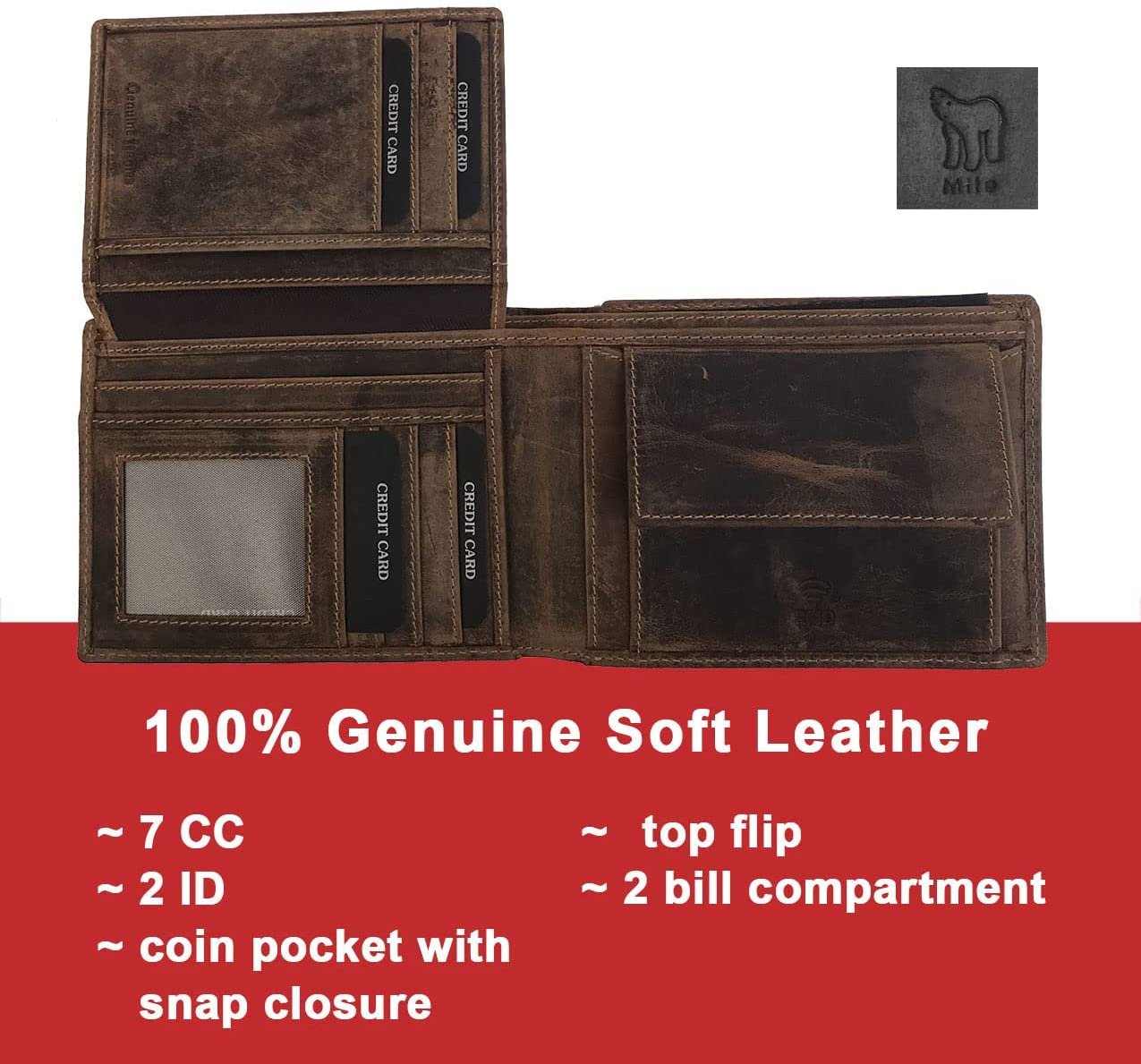 Leather Wallet for Men's-Genuine Washed Calf RFID Blocking Bifold Men Wallet With Coin Pocket (Vertical Flip Stitched Collar, Black)
