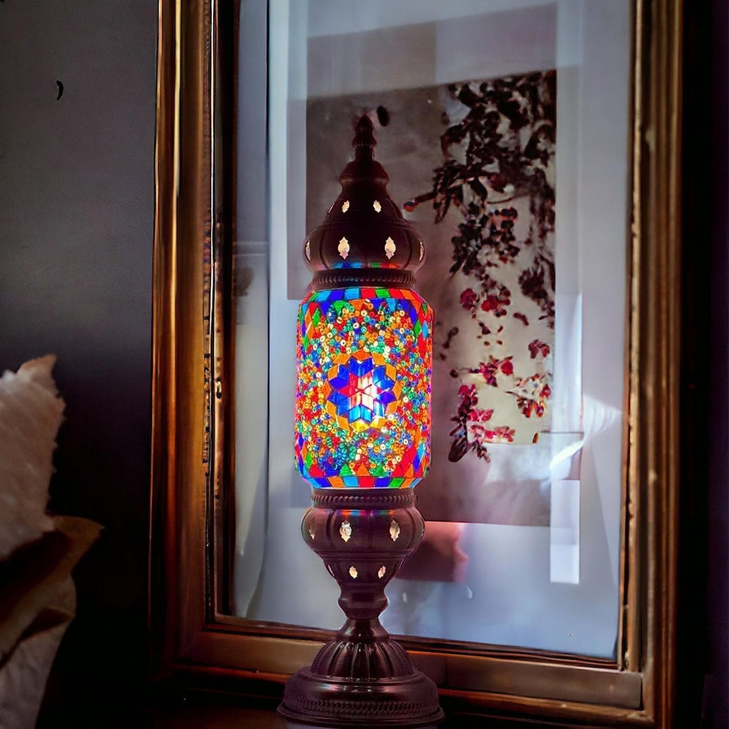 Turkish Cylinder Table Lamp Mosaic Glass Accent Boho Lamps Moroccan Lantern (Blue Star)