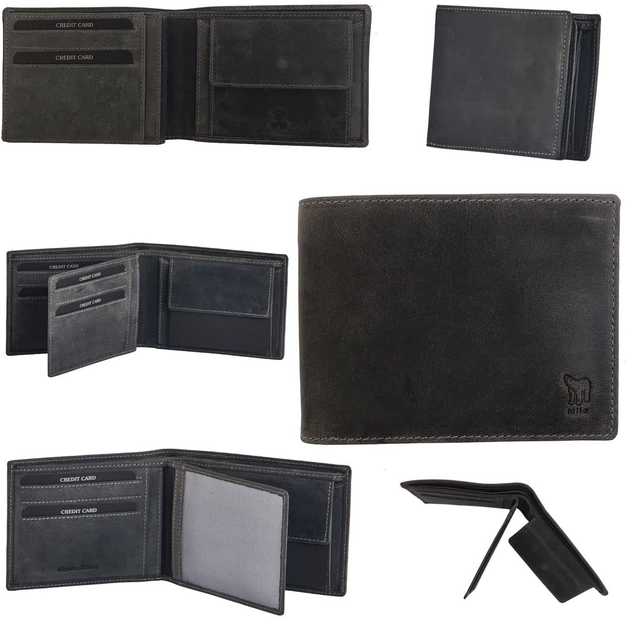Leather Wallet for Men's-Genuine Washed Calf RFID Blocking Bifold Men Wallet With Coin Pocket (Vertical Flip Stitched Collar, Black)