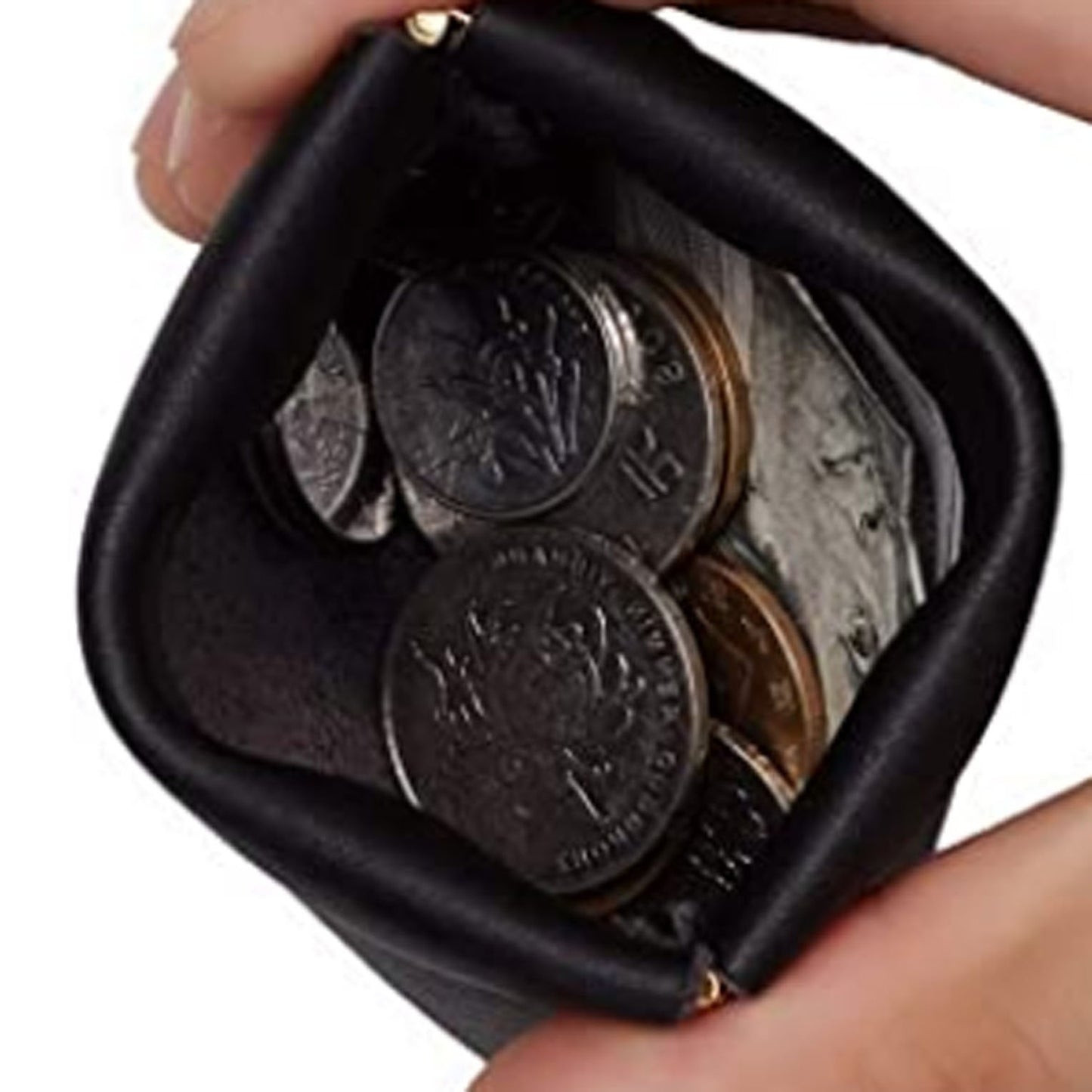 Leather Coin Purse Change Holder Squeeze Spring Closure Pouch w Key Ring, 3.5" by 3.5" - Great Gift for Men Women