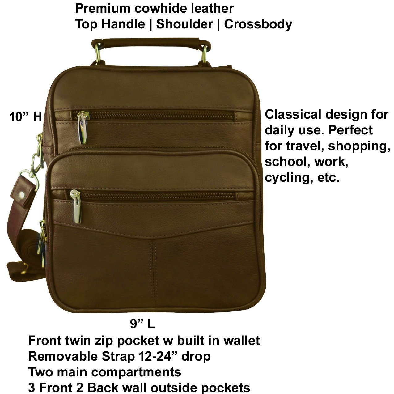Cowhide Leather Men's Messenger Crossbody w Top Handle & Removable CB Strap