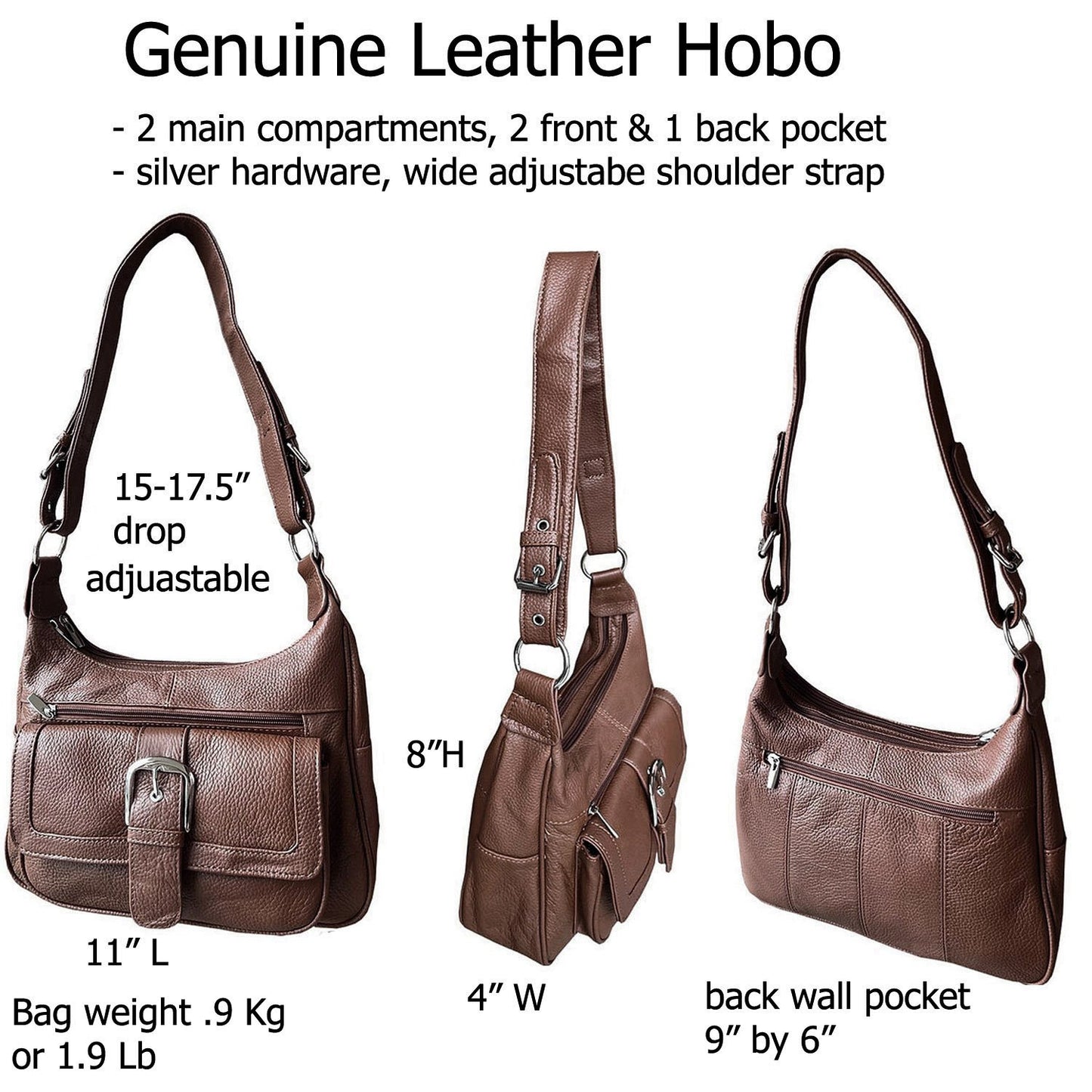 Women's Hobo Leather Handbag with 2 Entry, Buckled Front Pocket Silver Fever