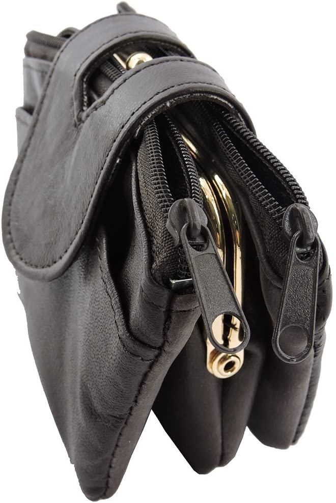 SILVERFEVER Leather Coin Purse with Kisslock Closure - Handcrafted Genuine Lambskin (3 Entry, Black)