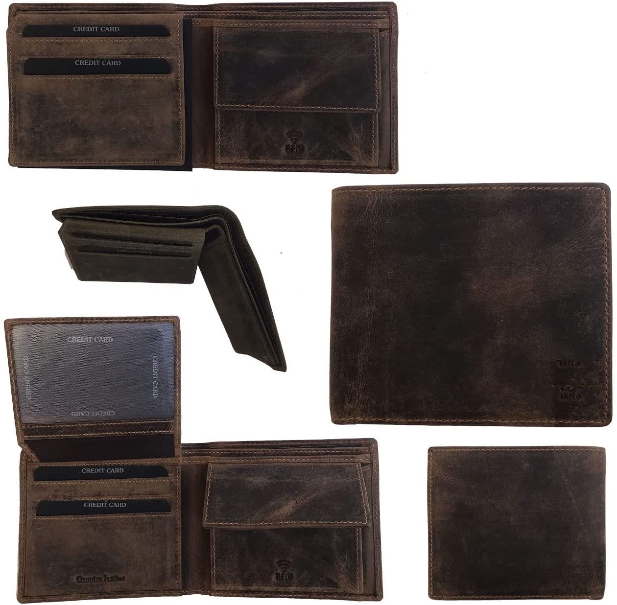 Leather Wallet for Men's-Genuine Washed Calf RFID Blocking Bifold Men Wallet With Coin Pocket (Vertical Flip Stitched Collar, Black)