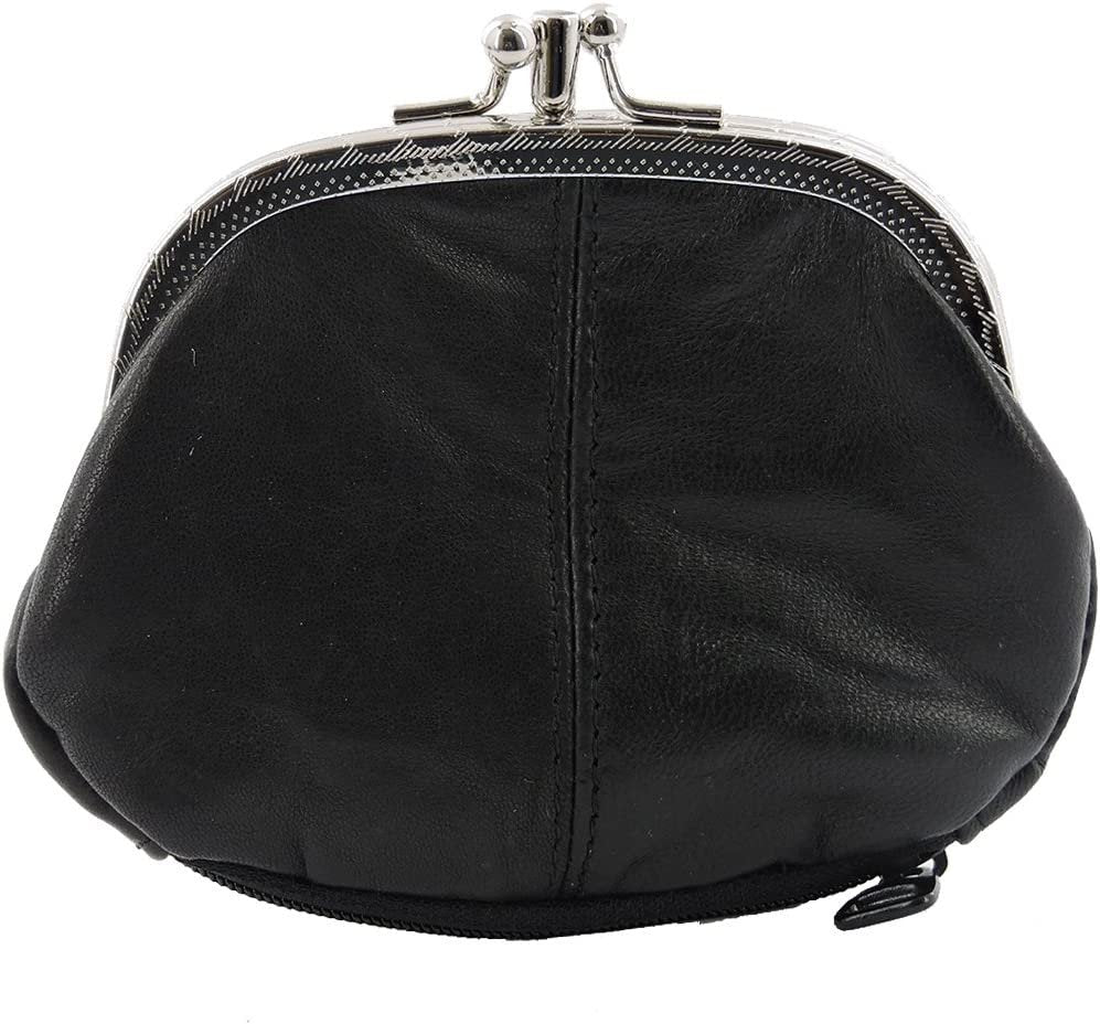 SILVERFEVER Leather Coin Purse with Kisslock Closure - Handcrafted Genuine Lambskin (3 Entry, Black)