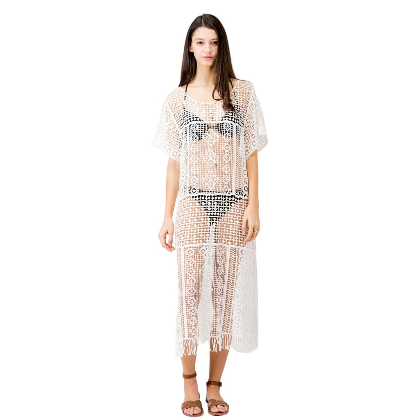 Look by M White Crochet Long Poncho Cover Up