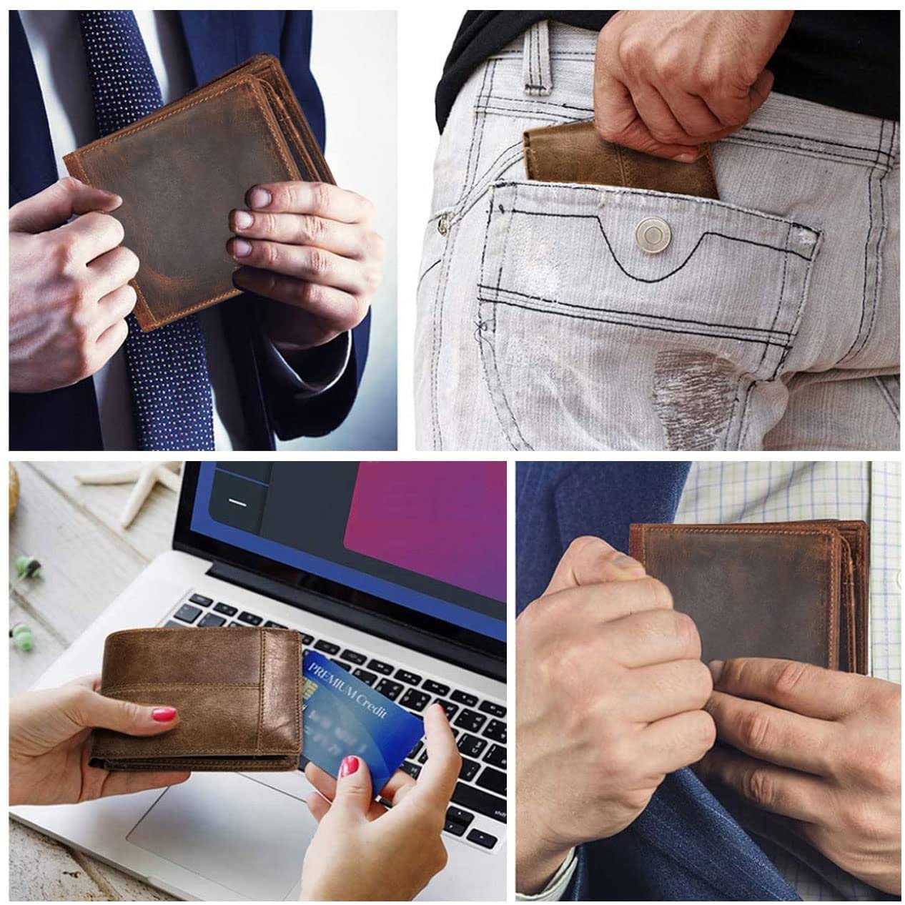 Leather Wallet for Men's-Genuine Washed Calf RFID Blocking Bifold Men Wallet With Coin Pocket (Vertical Flip Stitched Collar, Black)