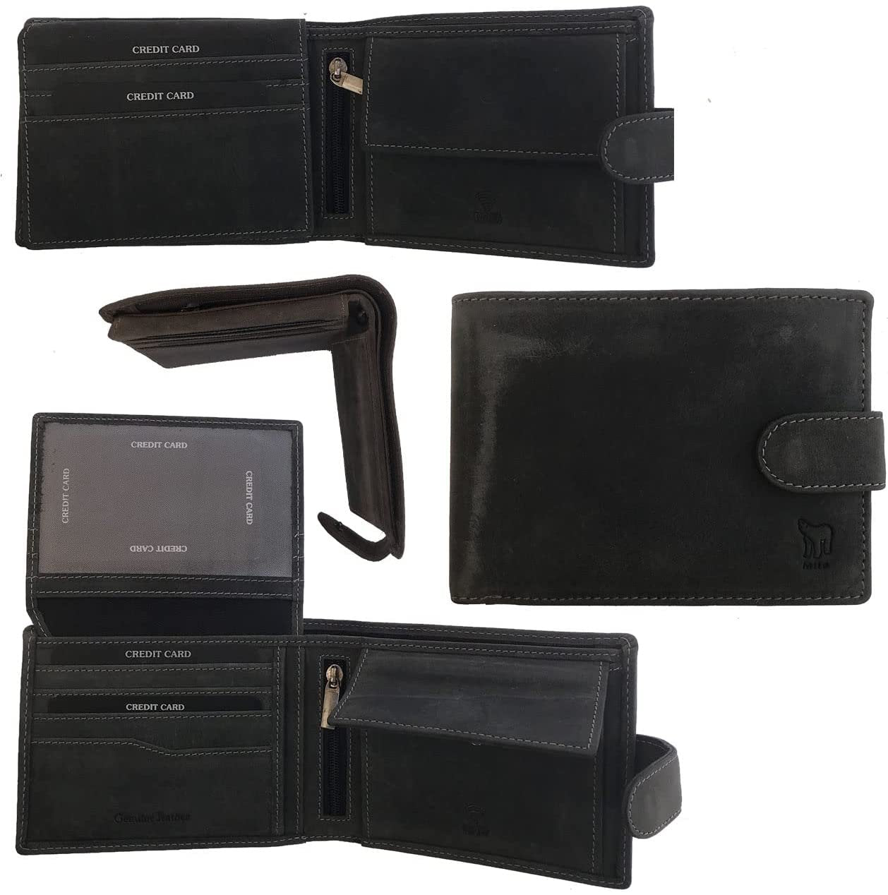 Leather Wallet for Men's-Genuine Washed Calf RFID Blocking Bifold Men Wallet With Coin Pocket (Vertical Flip Stitched Collar, Black)