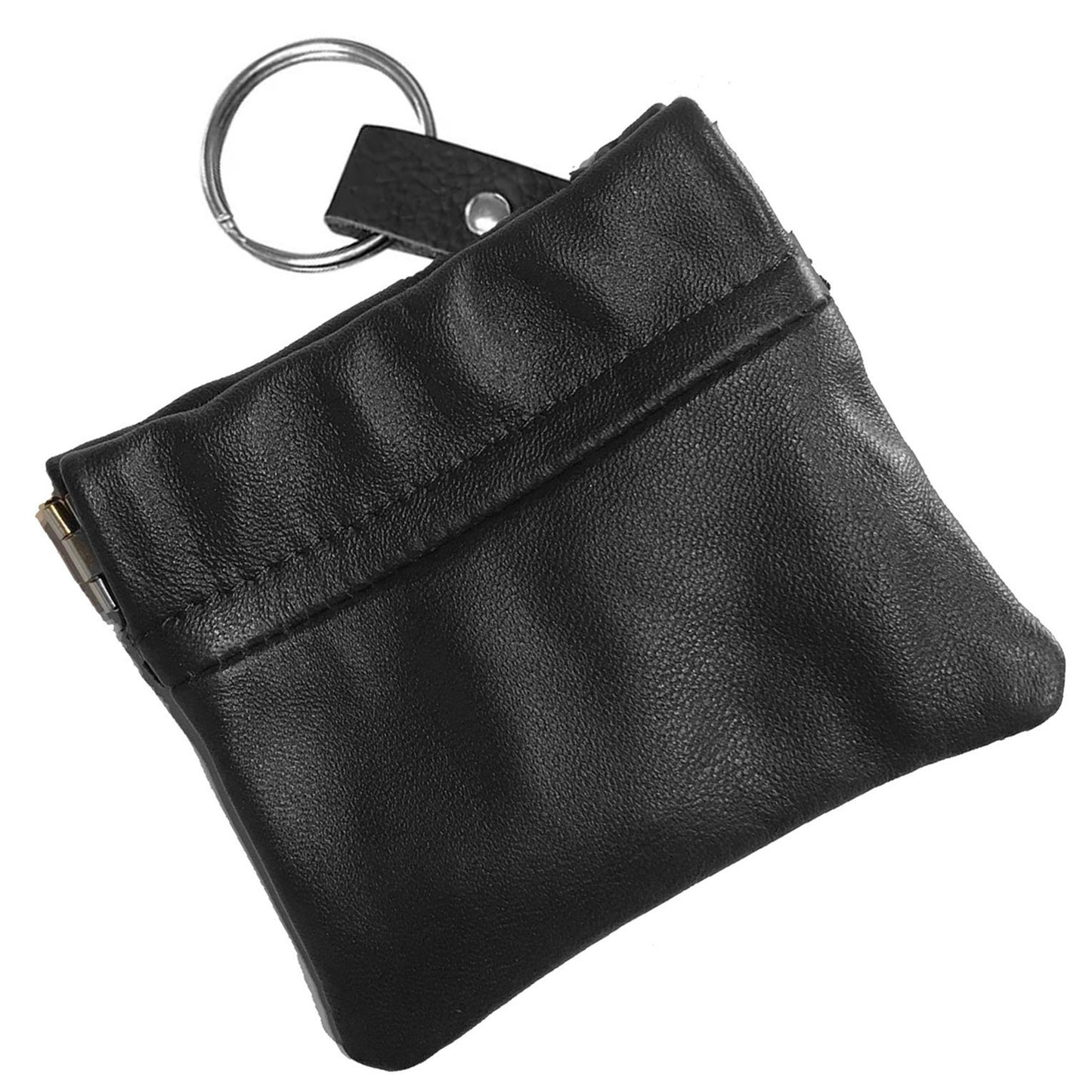 Leather Coin Purse Change Holder Squeeze Spring Closure Pouch w Key Ring, 3.5" by 3.5" - Great Gift for Men Women
