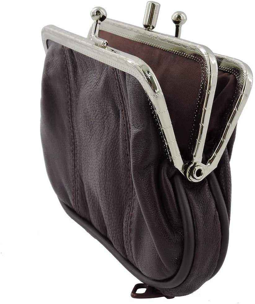 SILVERFEVER Leather Coin Purse with Kisslock Closure - Handcrafted Genuine Lambskin (3 Entry, Black)