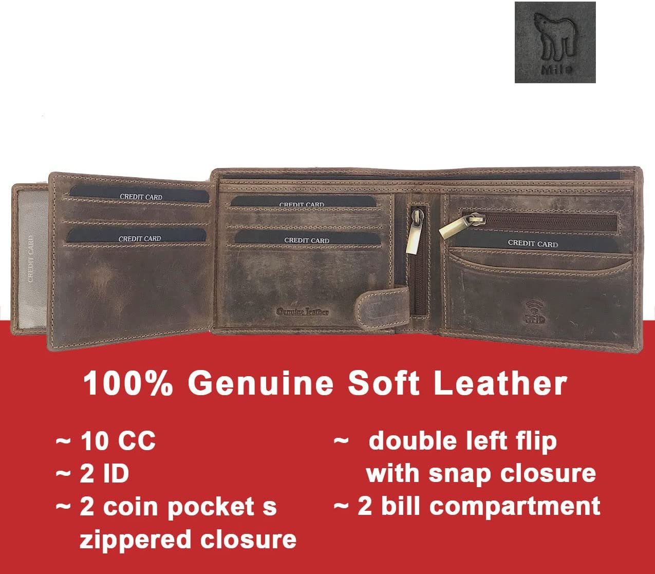 Leather Wallet for Men's-Genuine Washed Calf RFID Blocking Bifold Men Wallet With Coin Pocket (Vertical Flip Stitched Collar, Black)