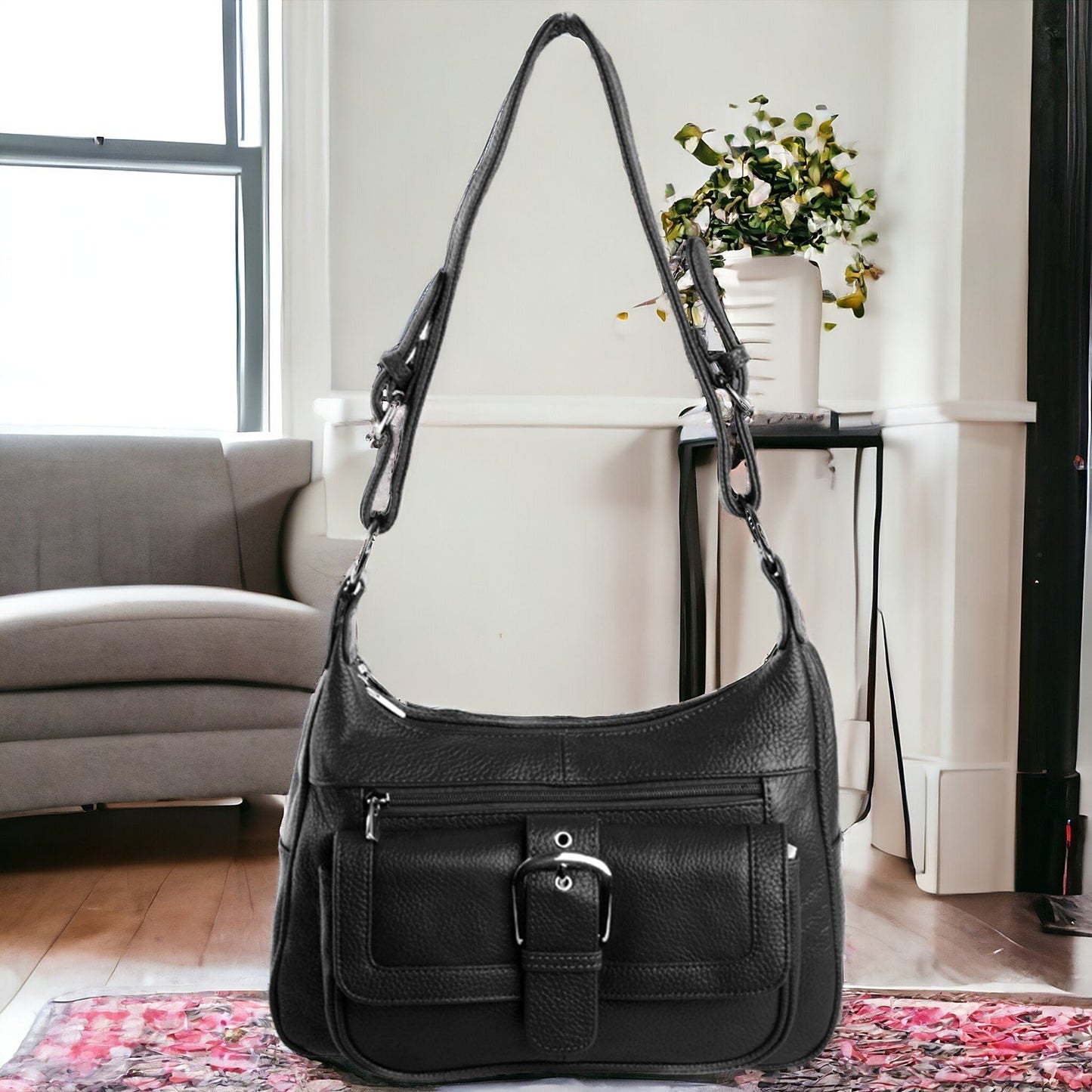 Women's Hobo Leather Handbag with 2 Entry, Buckled Front Pocket Silver Fever