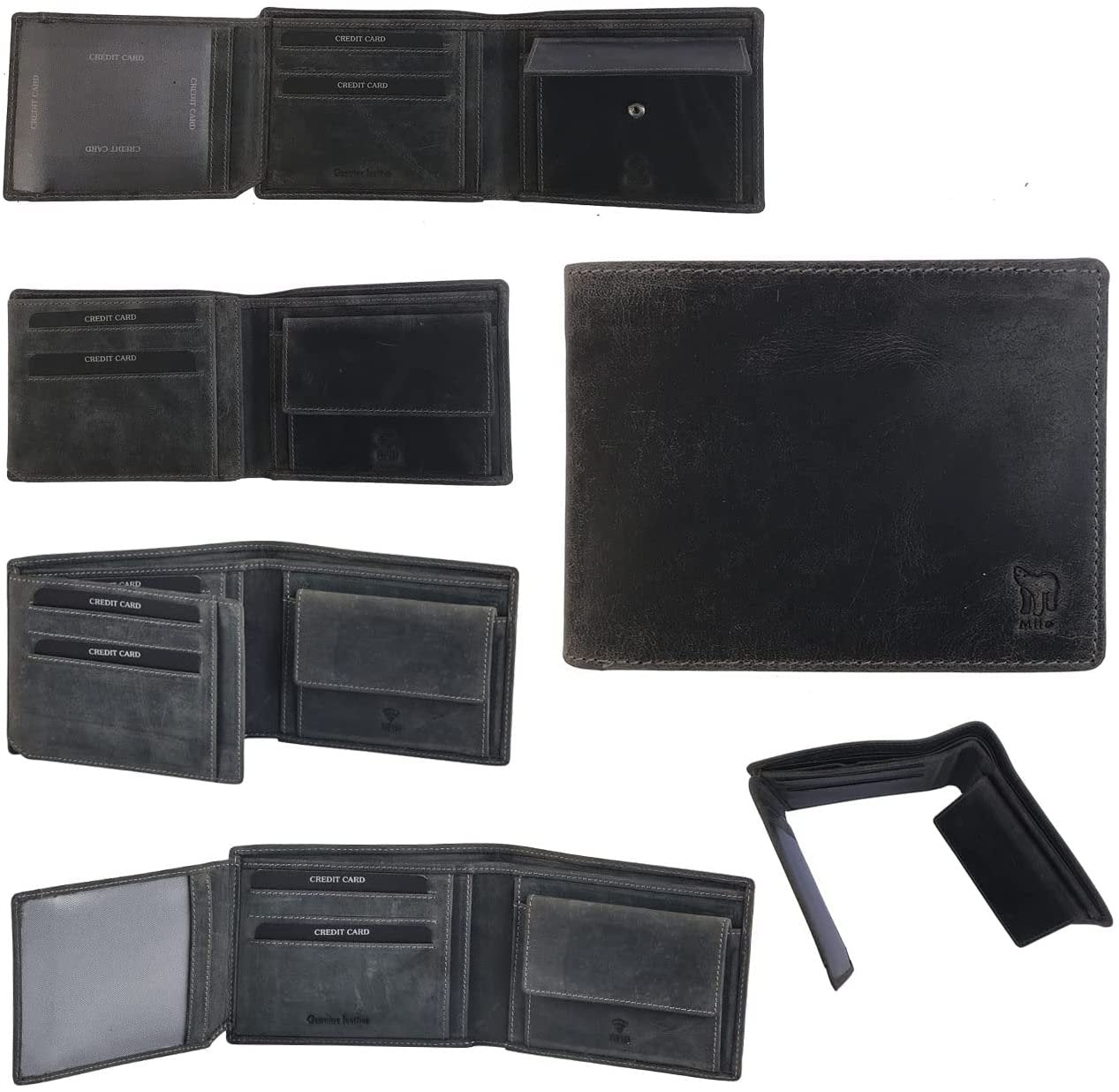 Leather Wallet for Men's-Genuine Washed Calf RFID Blocking Bifold Men Wallet With Coin Pocket (Vertical Flip Stitched Collar, Black)