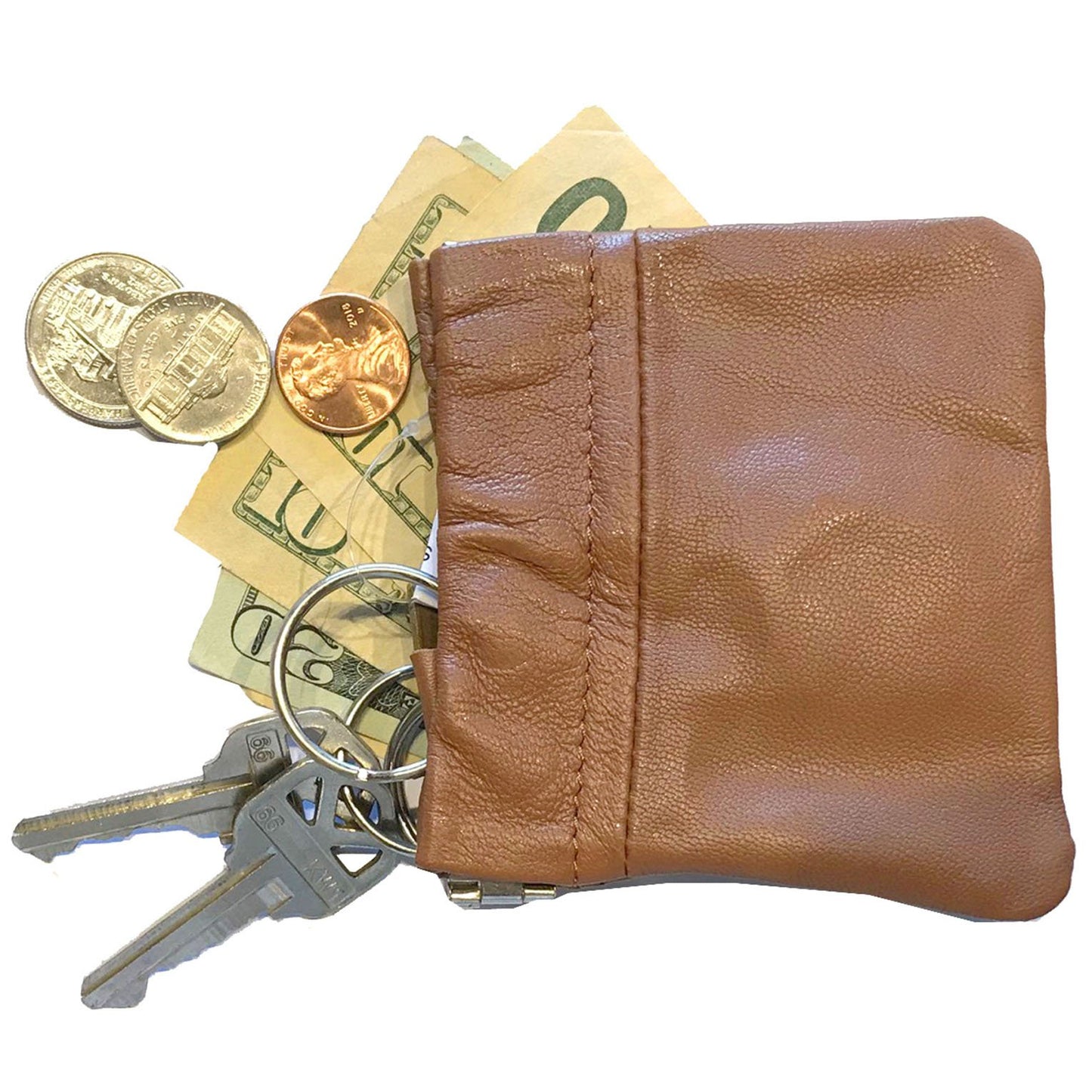 Leather Coin Purse Change Holder Squeeze Spring Closure Pouch w Key Ring, 3.5" by 3.5" - Great Gift for Men Women