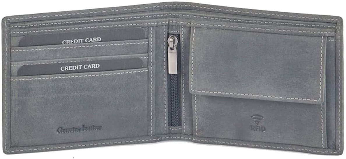 Leather Wallet for Men's-Genuine Washed Calf RFID Blocking Bifold Men Wallet With Coin Pocket (Vertical Flip Stitched Collar, Black)
