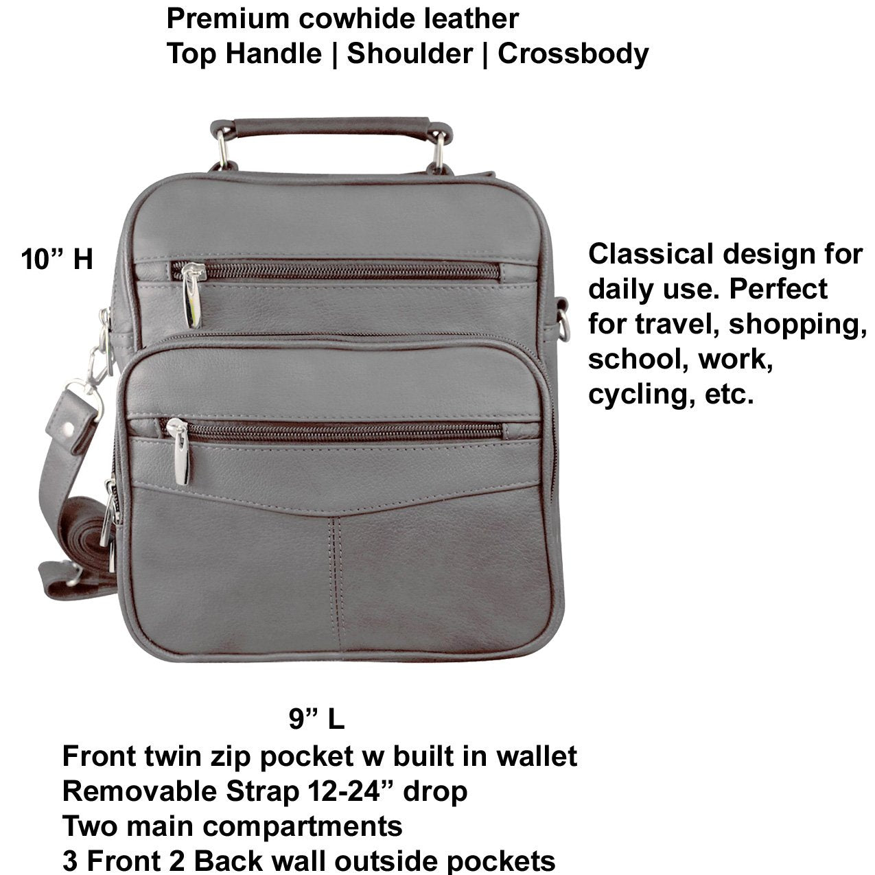 Cowhide Leather Men's Messenger Crossbody w Top Handle & Removable CB Strap