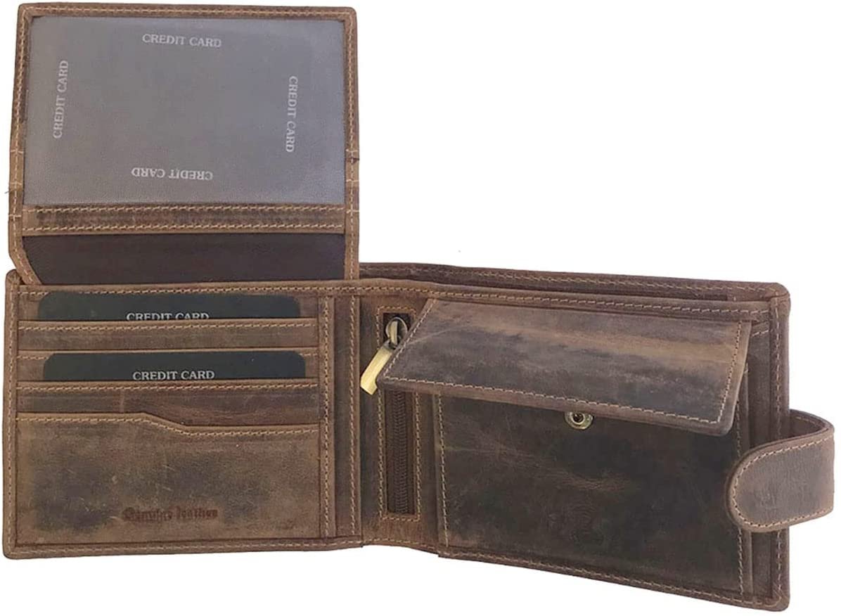 Leather Wallet for Men's-Genuine Washed Calf RFID Blocking Bifold Men Wallet With Coin Pocket (Vertical Flip Stitched Collar, Black)