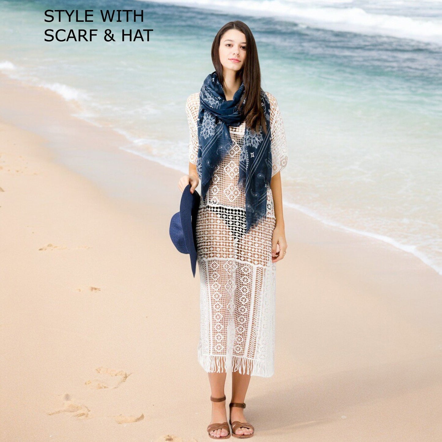 Look by M White Crochet Long Poncho Cover Up