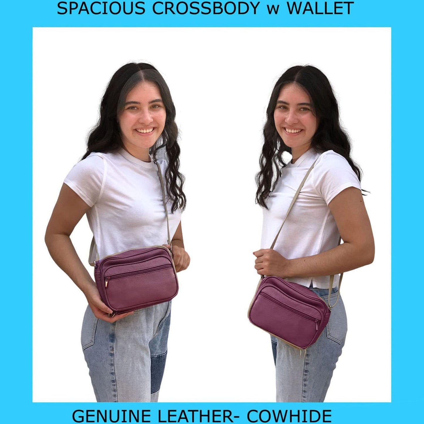 Cowhide Leather Womens Shoulder Purse Small Cross Body Organizer Bag with Many Pockets