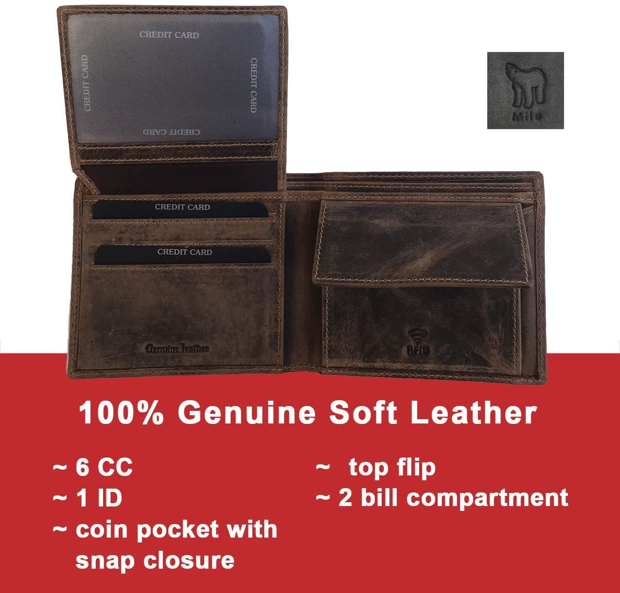 Leather Wallet for Men's-Genuine Washed Calf RFID Blocking Bifold Men Wallet With Coin Pocket (Vertical Flip Stitched Collar, Black)