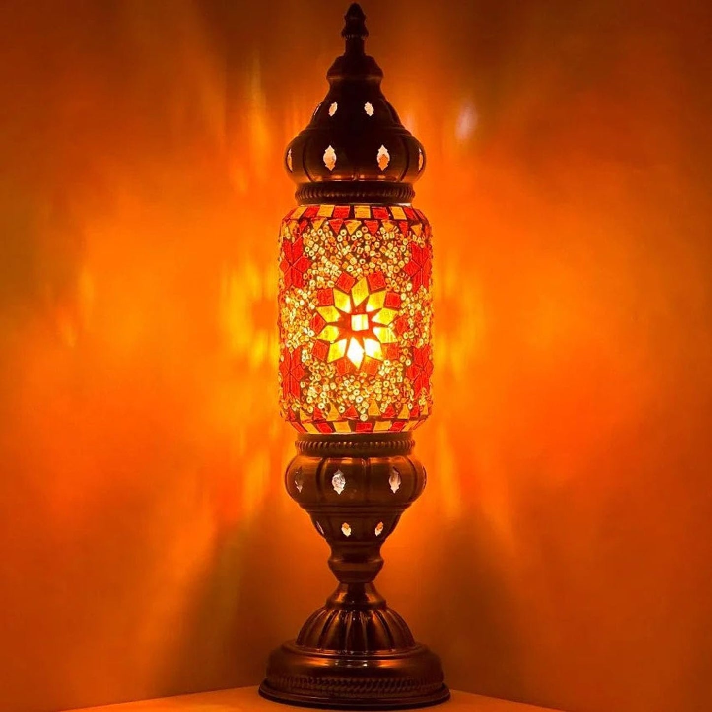 Turkish Cylinder Table Lamp Mosaic Glass Accent Boho Lamps Moroccan Lantern (Blue Star)