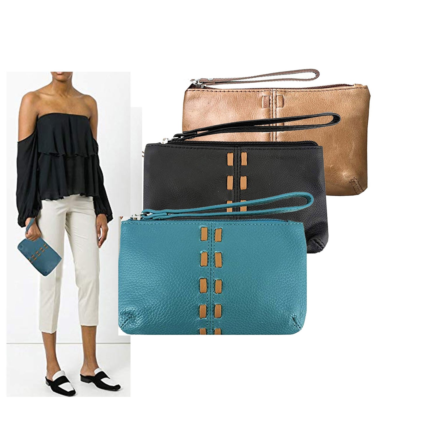 Women's Leather Wristlet Small Wallet Clutch with Whipstitched Detail