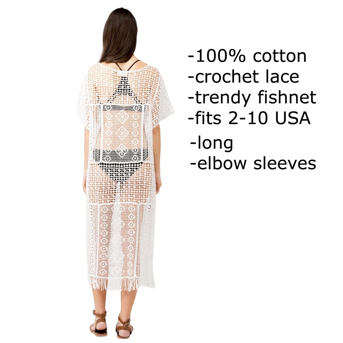 Look by M White Crochet Long Poncho Cover Up