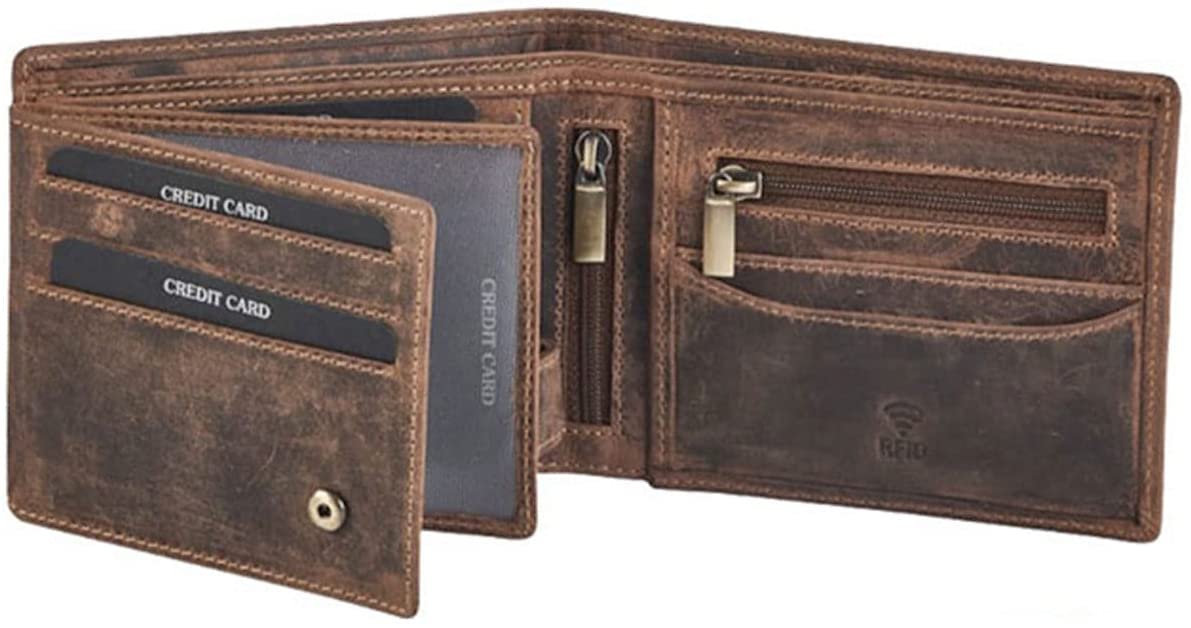 Leather Wallet for Men's-Genuine Washed Calf RFID Blocking Bifold Men Wallet With Coin Pocket (Vertical Flip Stitched Collar, Black)