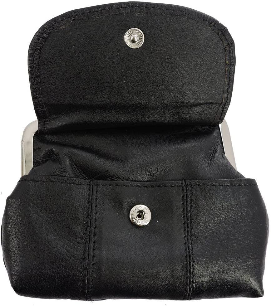 SILVERFEVER Leather Coin Purse with Kisslock Closure - Handcrafted Genuine Lambskin (3 Entry, Black)