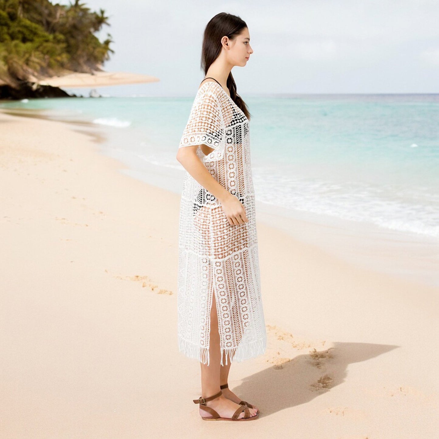 Look by M White Crochet Long Poncho Cover Up