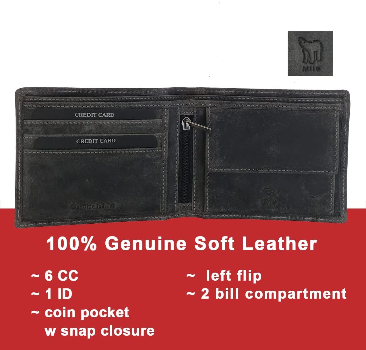 Leather Wallet for Men's-Genuine Washed Calf RFID Blocking Bifold Men Wallet With Coin Pocket (Vertical Flip Stitched Collar, Black)