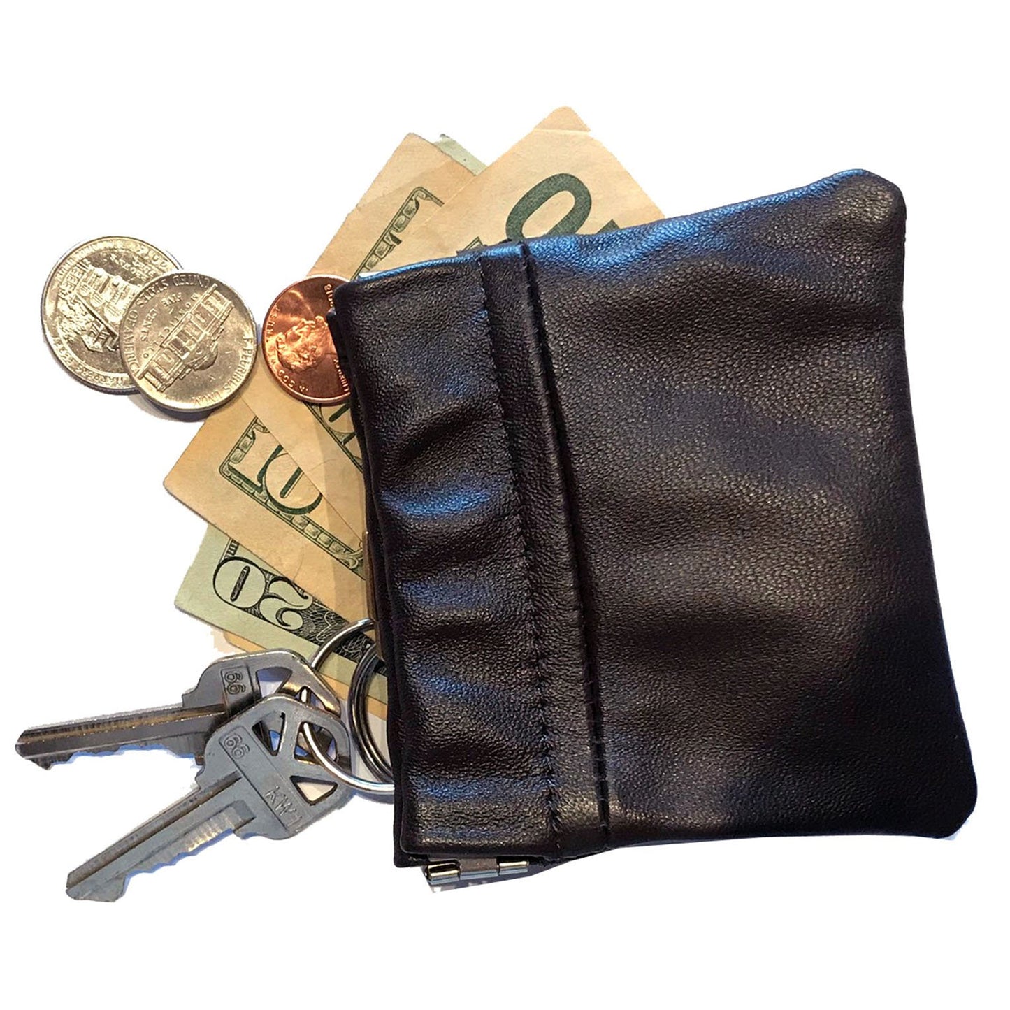 Leather Coin Purse Change Holder Squeeze Spring Closure Pouch w Key Ring, 3.5" by 3.5" - Great Gift for Men Women